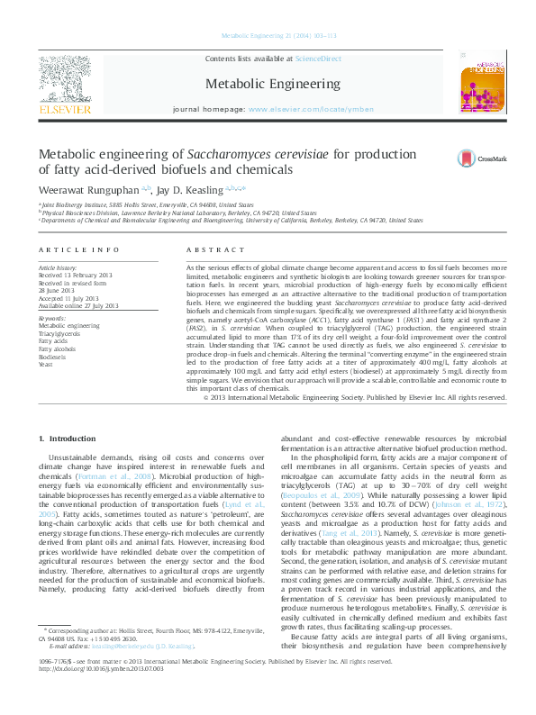 (PDF) Metabolic engineering of Saccharomyces cerevisiae for production of fatty acidderived