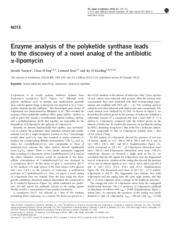 (PDF) Enzyme analysis of the polyketide synthase leads to the discovery of a novel analog of the