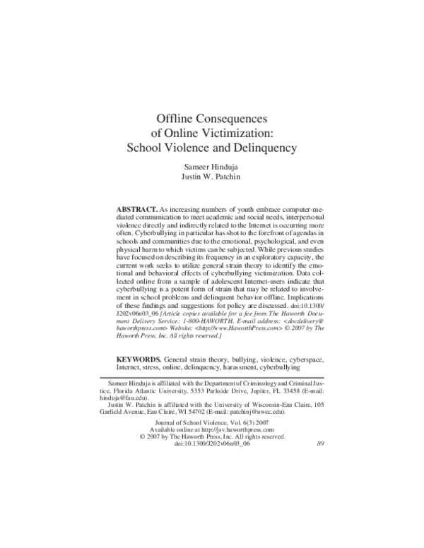 (PDF) Offline Consequences of Online Victimization School Violence and