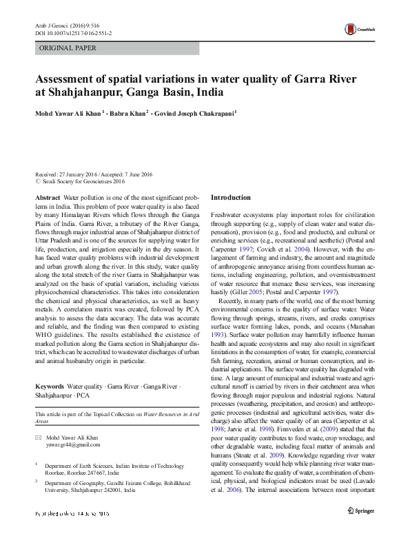 (PDF) Assessment of spatial variations in water quality of Garra River