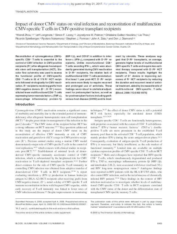 (PDF) Impact of donor CMV status on viral infection and reconstitution ...