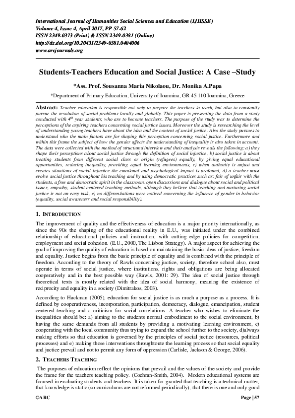 (PDF) Students-Teachers Education and Social Justice: A Case –Study