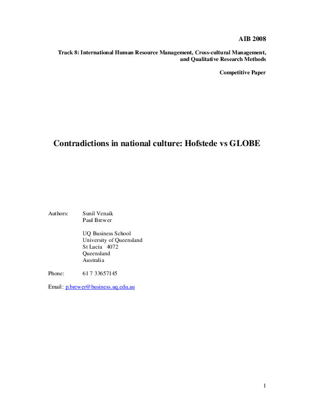 (PDF) Contradictions in national culture Hofstede vs