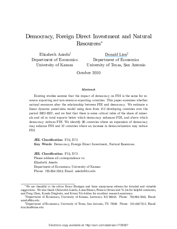 (PDF) Democracy, foreign direct investment and natural resources