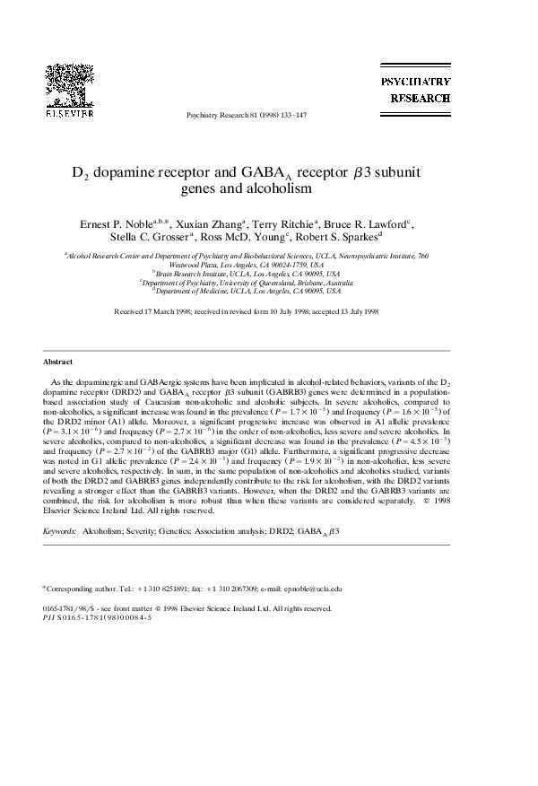 (PDF) D2 dopamine receptor and GABAA receptor β3 subunit genes and ...