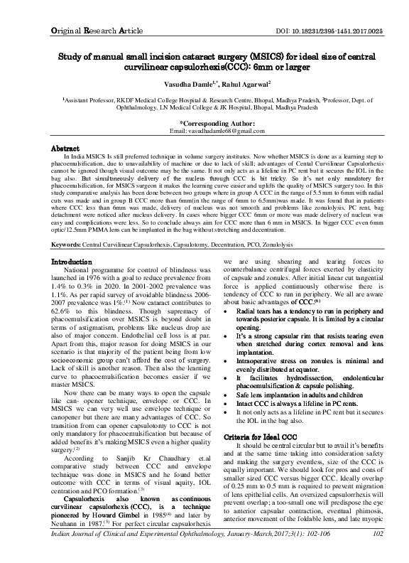 Pdf Study Of Manual Small Incision Cataract Surgery Msics For Ideal Size Of Central Curvilinear Capsulorhexis Ccc 6mm Or Larger Ip Innovative Publication Pvt Ltd Academia Edu