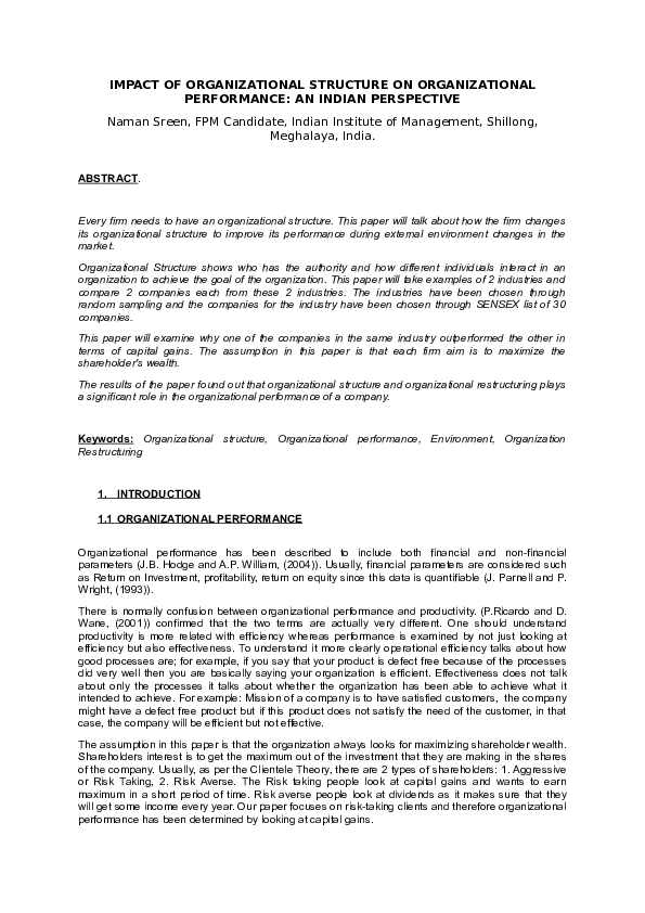 (DOC) IMPACT OF ORGANIZATIONAL STRUCTURE ON ORGANIZATIONAL PERFORMANCE ...
