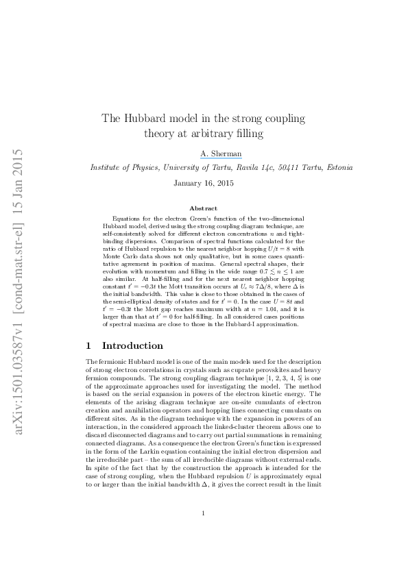 (PDF) The Hubbard model in the strong coupling theory at arbitrary filling