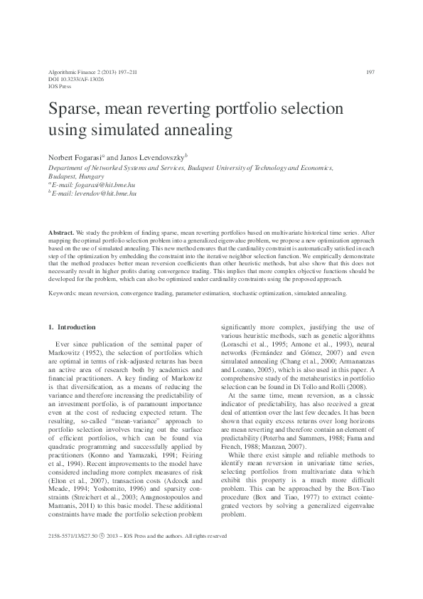 (PDF) Sparse, mean reverting portfolio selection using simulated annealing