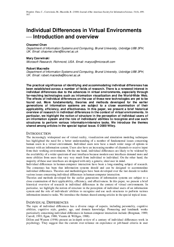 (PDF) Individual differences in virtual environments introduction and ...