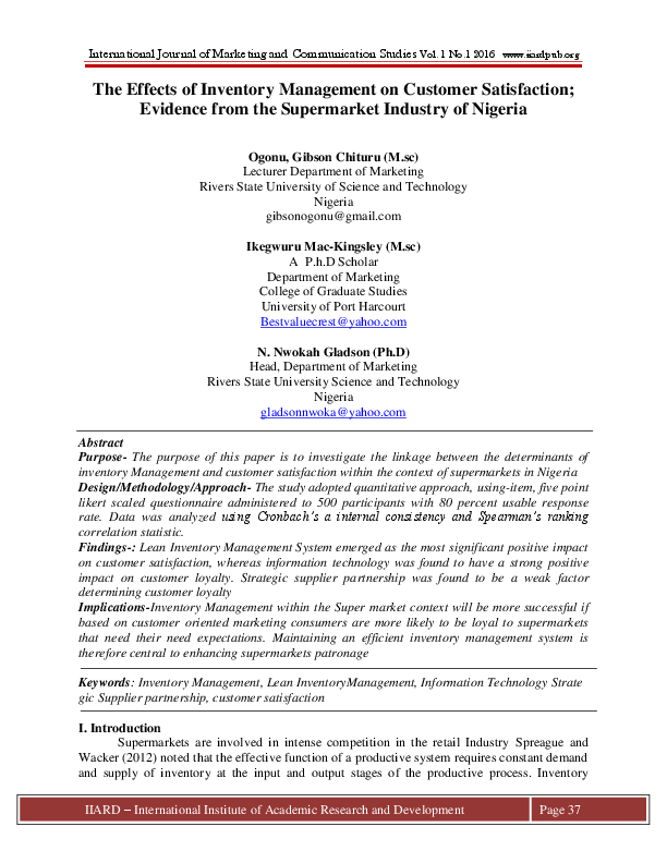 (PDF) The Effects of Inventory Management on Customer Satisfaction ...