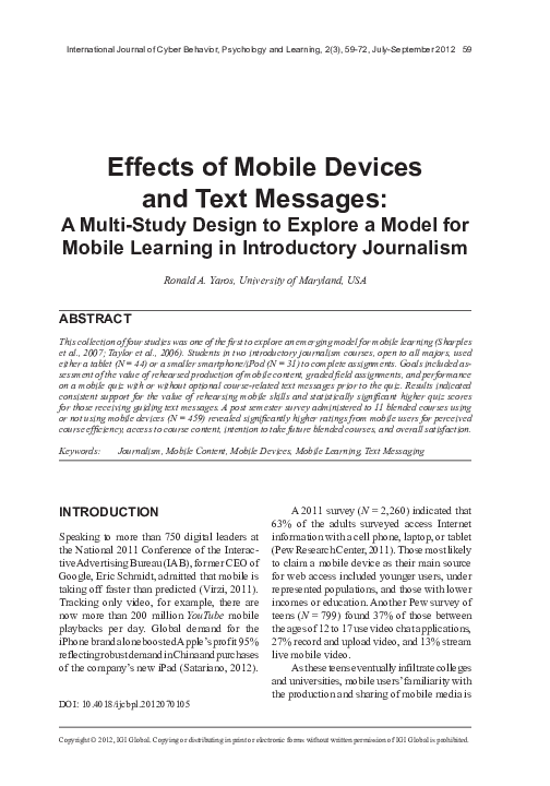 (PDF) Effects of Mobile Devices and Text Messages: A Multi-Study Design ...
