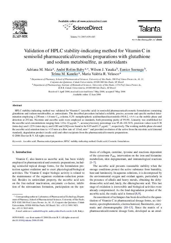 (PDF) Validation of HPLC stabilityindicating method for Vitamin C in