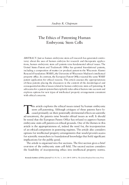 (PDF) The Ethics of Patenting Human Embryonic Stem Cells