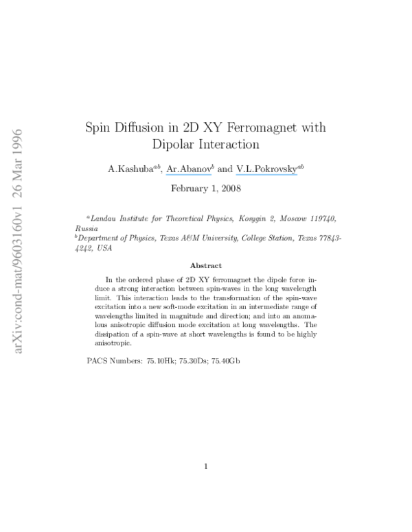 (PDF) Spin Diffusion in 2D XY Ferromagnet with Dipolar Interaction
