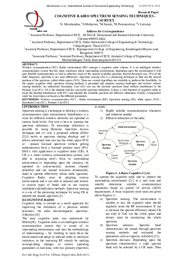 (PDF) COGNITIVE RADIO SPECTRUM SENSING TECHNIQUES - A SURVEY