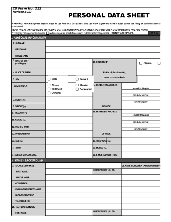 (XLS) CS Form No. 212 revised Personal Data Sheet new Rhiggz Suguitao