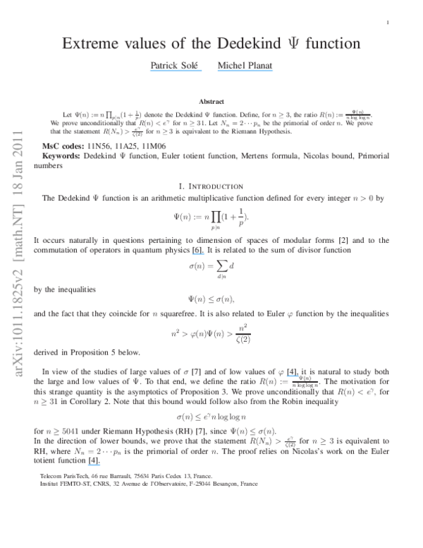 (PDF) Extreme values of the Dedekind $\ Psi $ function