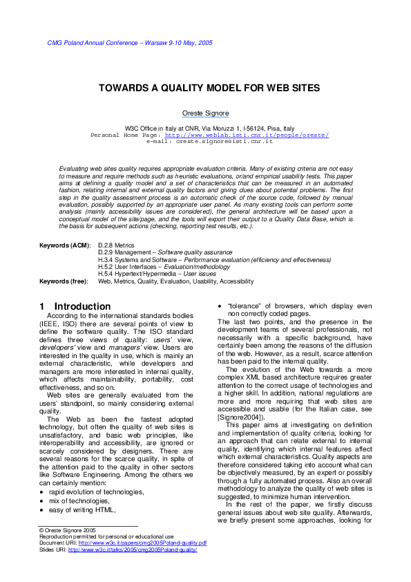 (PDF) Towards a quality model for web sites
