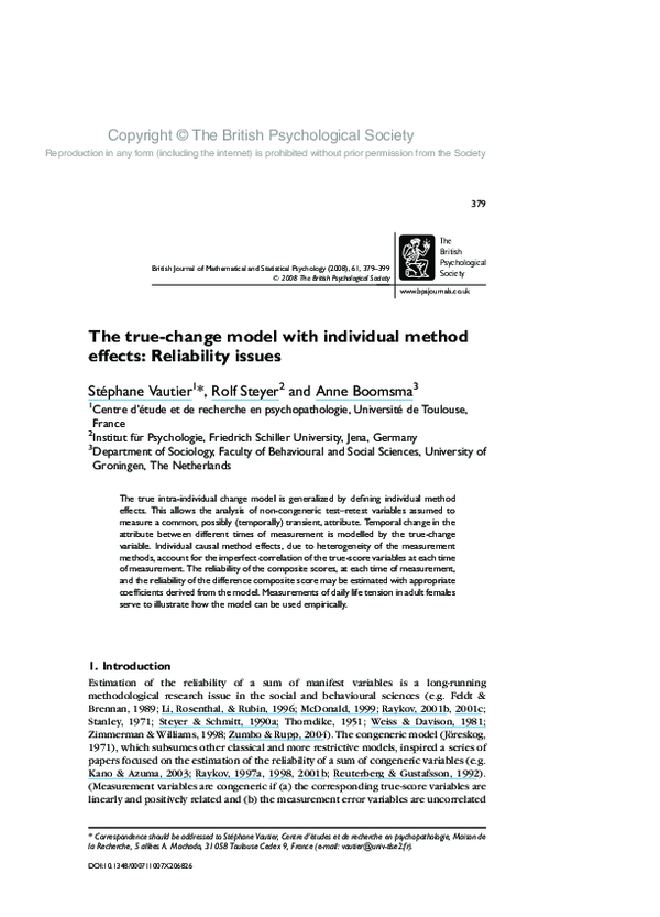 (PDF) The true-change model with individual method effects: Reliability ...