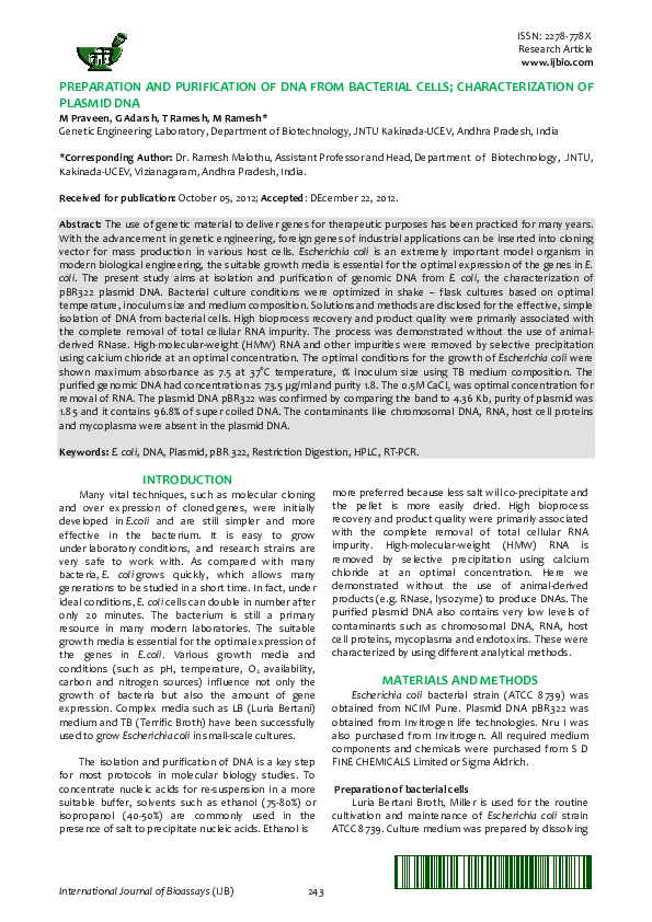 (PDF) Preparation and purification of DNA from bacterial cells ...