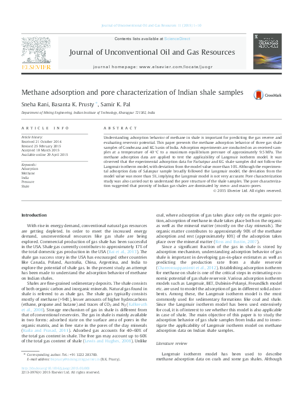 (PDF) Methane adsorption and pore characterization of Indian shale samples