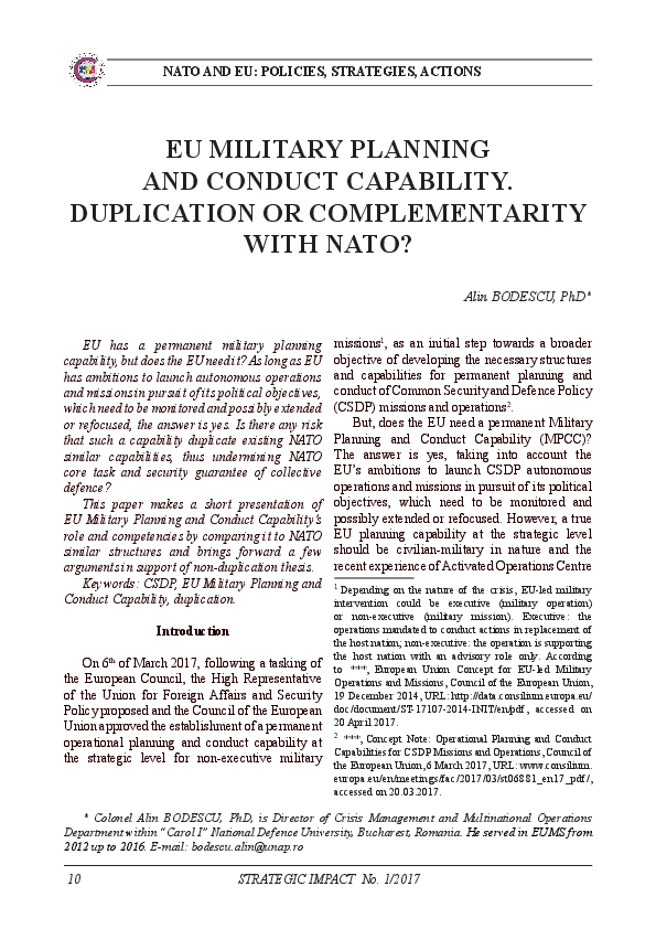 (PDF) EU MILITARY PLANNING AND CONDUCT CAPABILITY. DUPLICATION OR