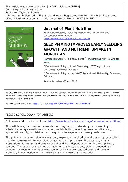 (PDF) Seed Priming Improves Early Seedling Growth and Nutrient Uptake in Mungbean Muhammad
