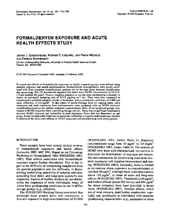 (PDF) Formaldehyde exposure and acute health effects study