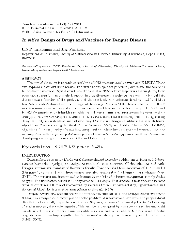 (PDF) In silico Design of Drugs and Vaccines for Dengue Disease