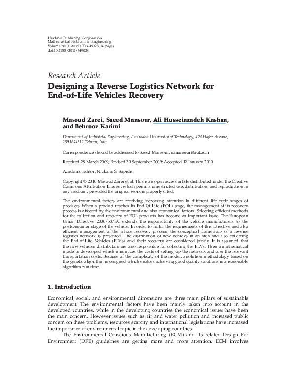 (PDF) Designing a Reverse Logistics Network for End-of-Life Vehicles ...
