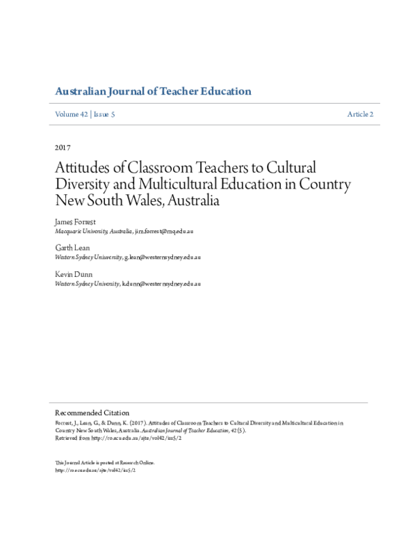 Pdf Attitudes Of Classroom Teachers To Cultural Diversity And