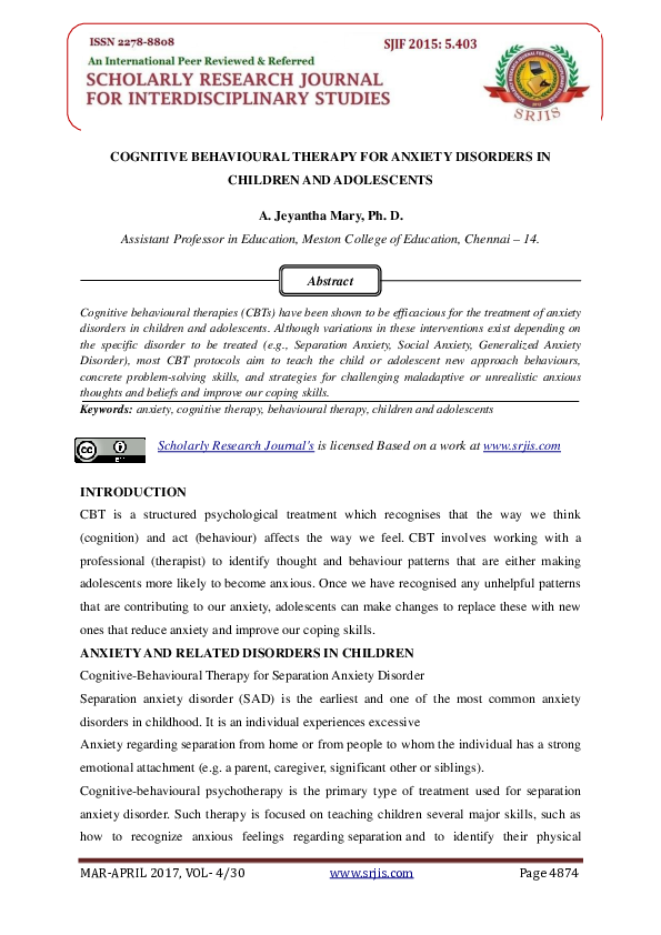 (PDF) COGNITIVE BEHAVIOURAL THERAPY FOR ANXIETY DISORDERS IN CHILDREN ...