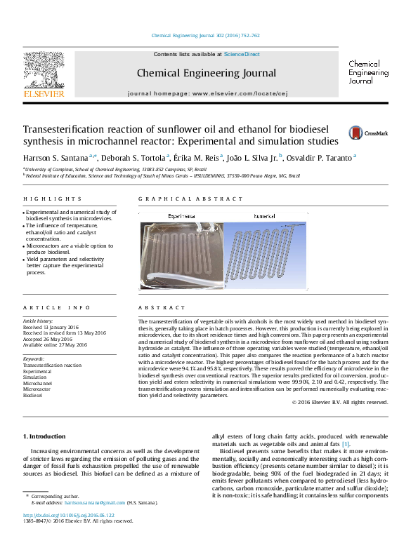 (PDF) Transesterification reaction of sunflower oil and ethanol for biodiesel synthesis in