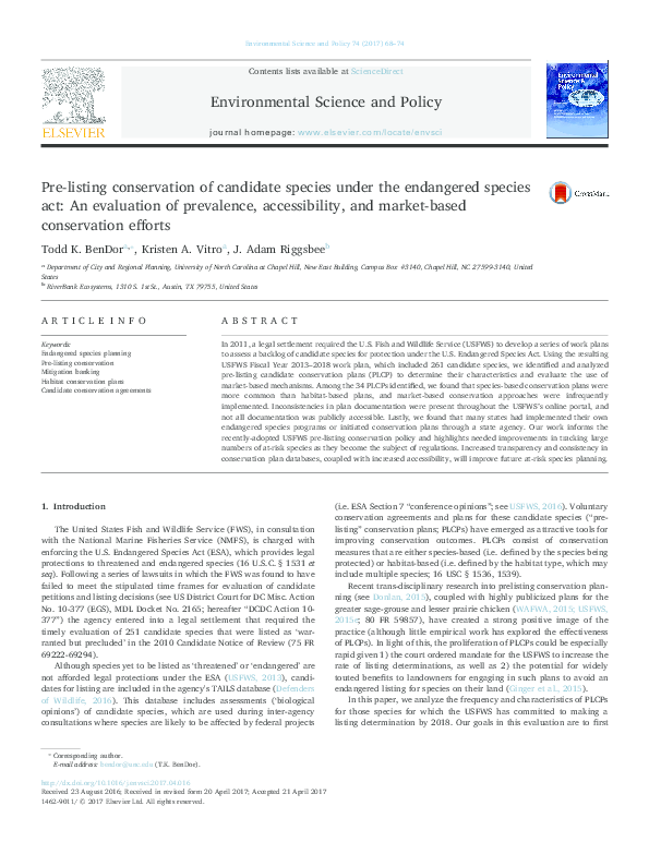 (PDF) Pre-listing conservation of candidate species under the ...