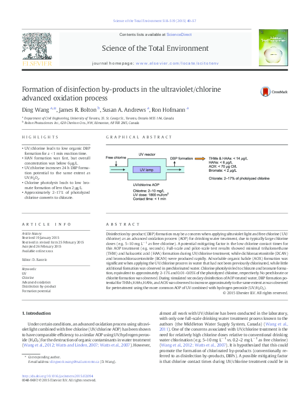 (PDF) Formation of disinfection byproducts in the ultraviolet/chlorine