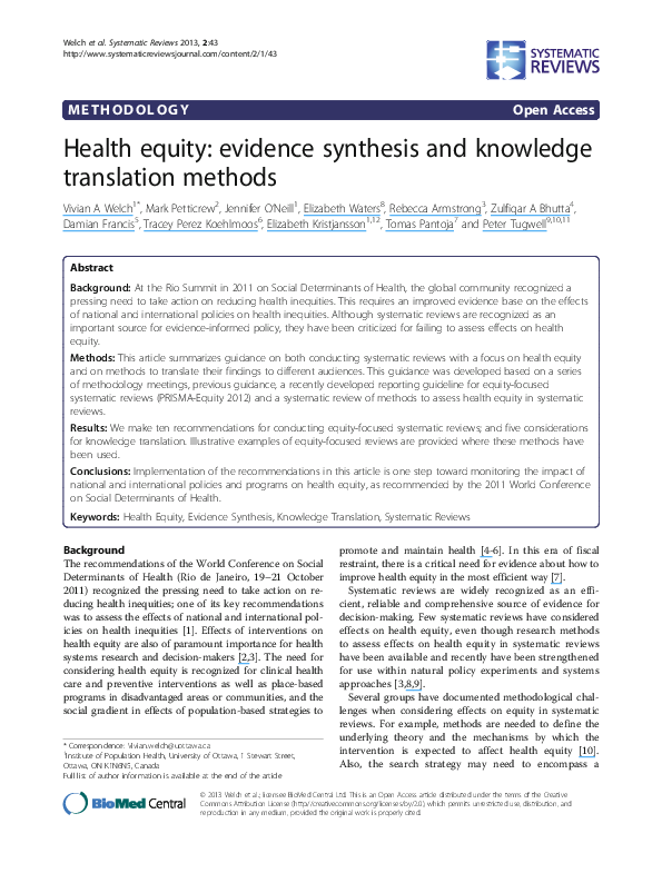 (PDF) Health equity: evidence synthesis and knowledge translation methods