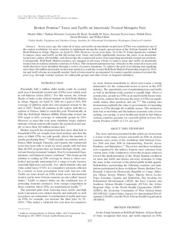 (PDF) Broken promise? Taxes and tariffs on insecticide treated mosquito ...