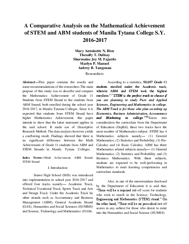(PDF) A Comparative Analysis on the Mathematical Achievement of STEM