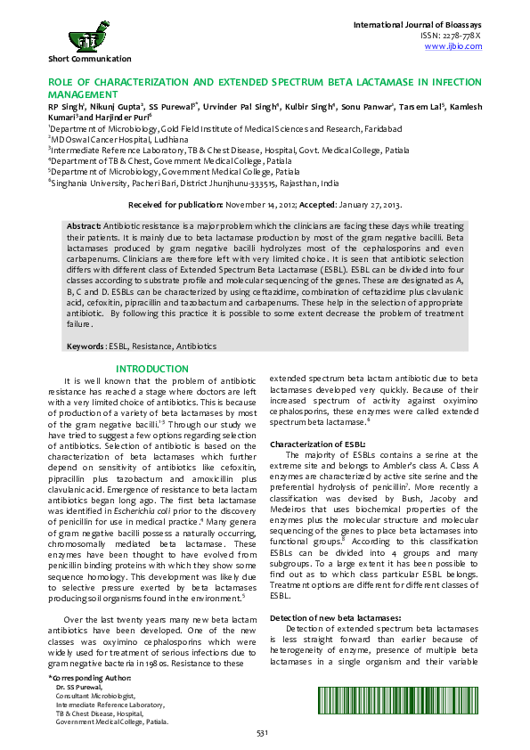 (PDF) Role of characterization and extended spectrum beta lactamase in ...