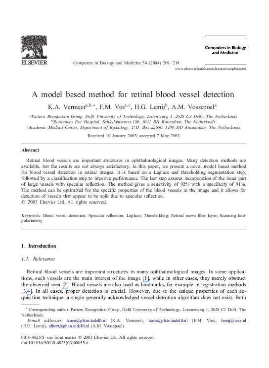 (PDF) A model based method for retinal blood vessel detection