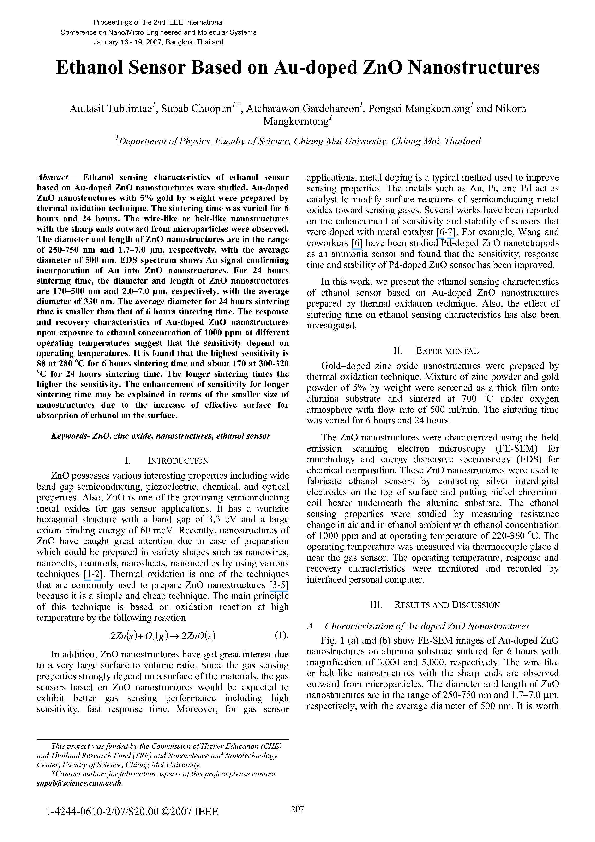 (PDF) Ethanol Sensor Based on Au-doped ZnO Nanostructures