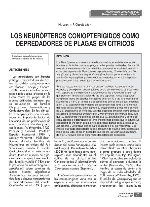 (PDF) Los neurópteros coniopterígidos como depredadores de plagas en