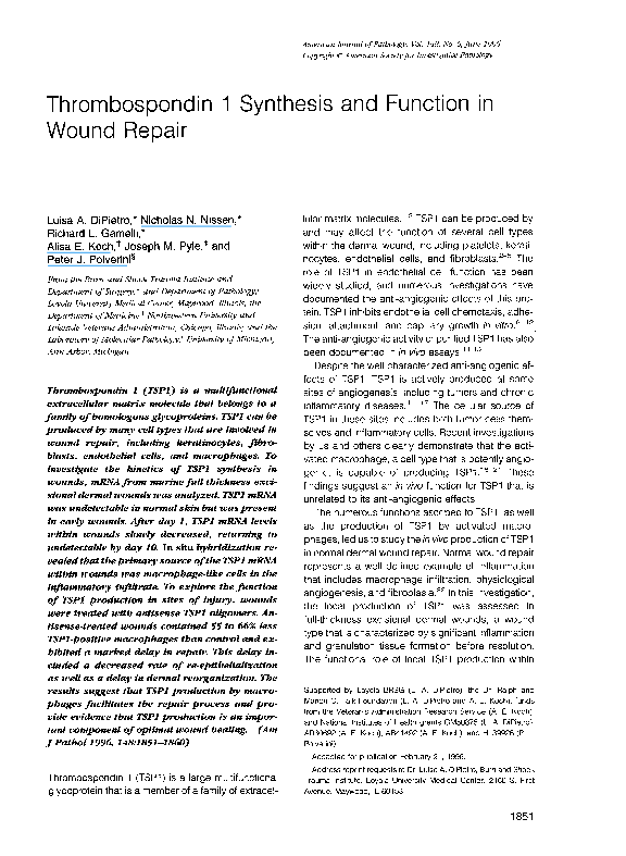 (PDF) Thrombospondin 1 synthesis and function in wound repair