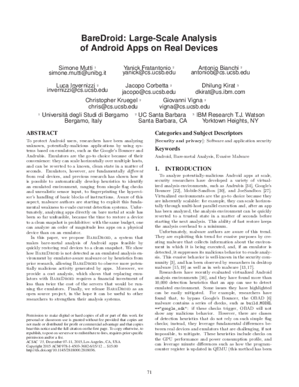 (PDF) BareDroid: Large-Scale Analysis of Android Apps on Real Devices