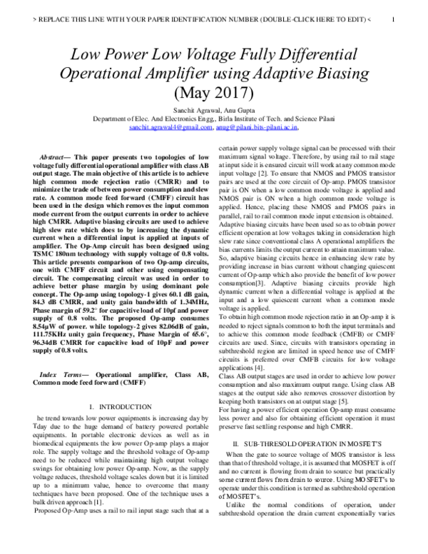 (PDF) A low power low voltage adaptive biased fully diffrerential ...