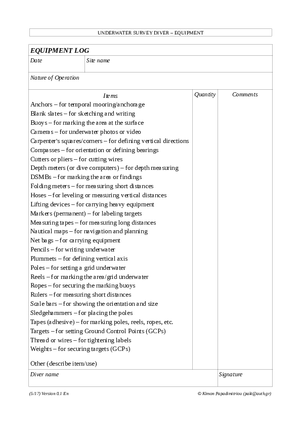 (PDF) Underwater Survey Equipment Checklist Kimon Papadimitriou Academia.edu