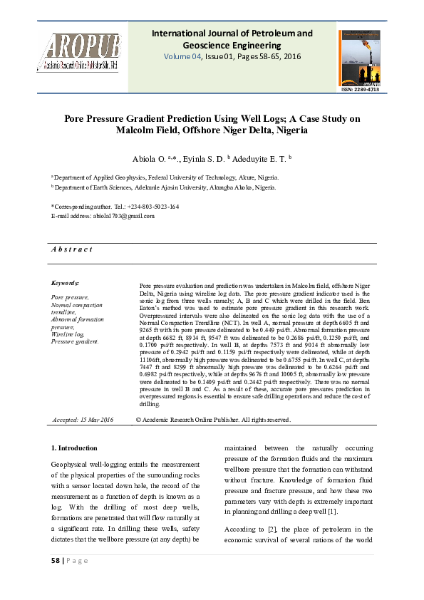 (PDF) Pore Pressure Gradient Prediction Using Well Logs; A Case Study ...