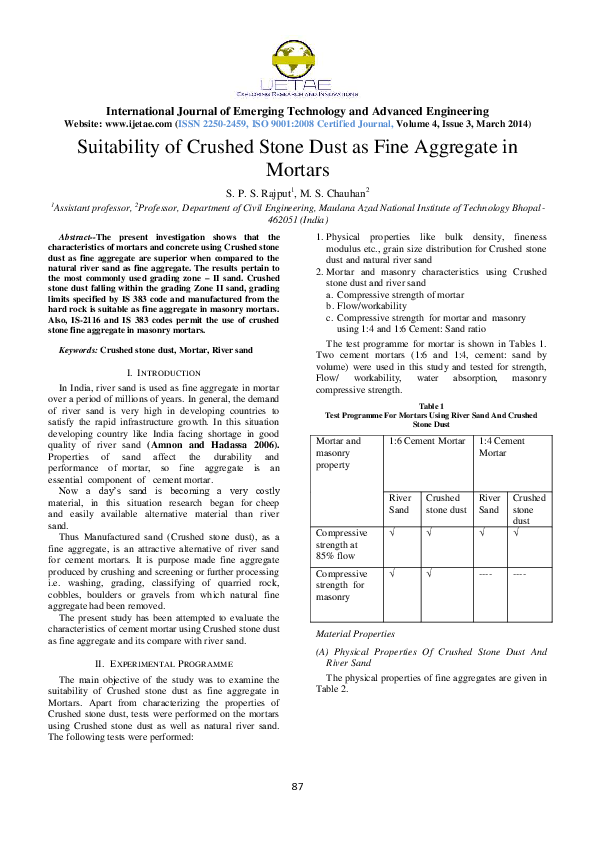 (PDF) Suitability of Crushed Stone Dust as Fine Aggregate in Mortars