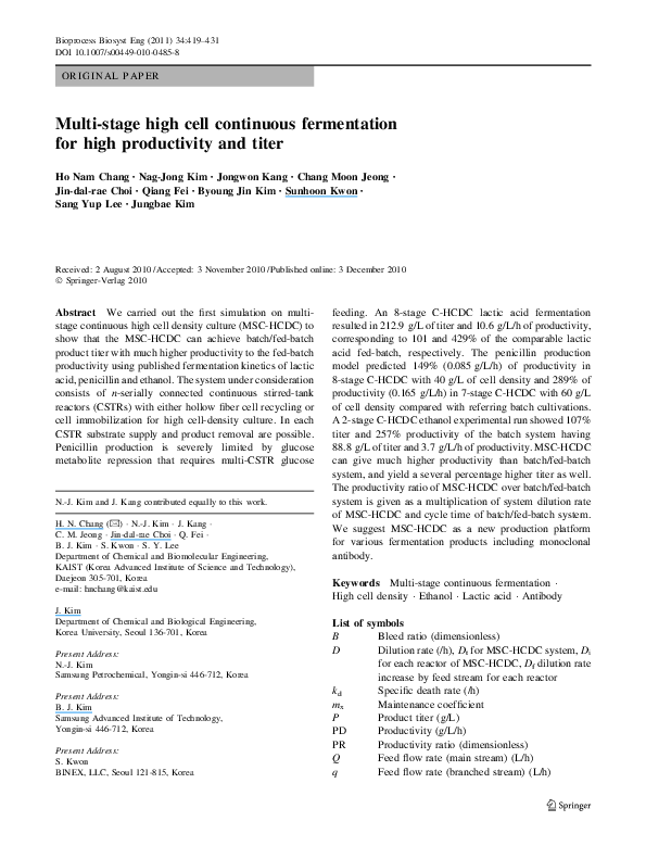 (PDF) Multi-stage high cell continuous fermentation for high ...